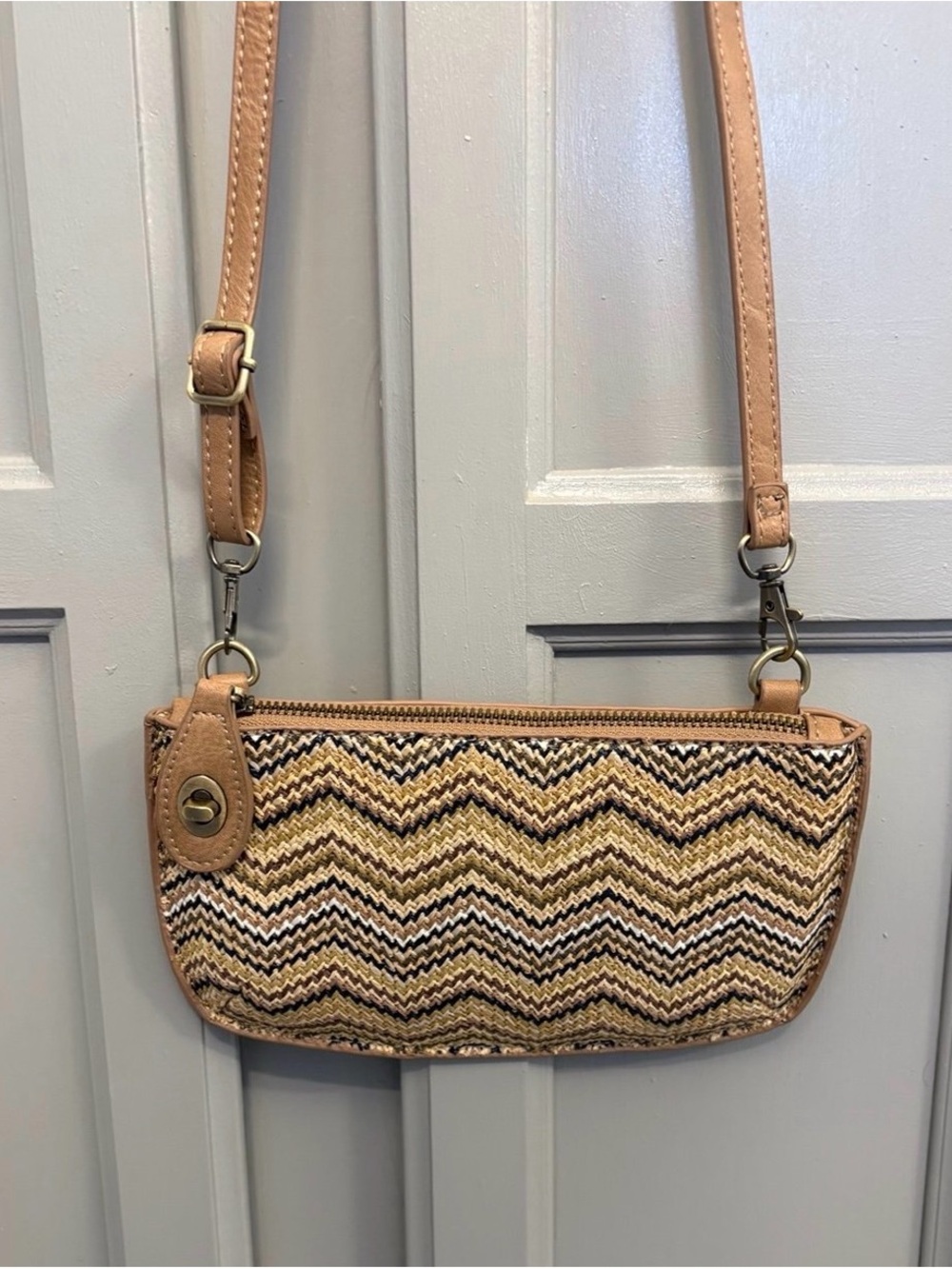 Woven Straw Chevron Crossbody Bag in Tan with Adjustable Strap